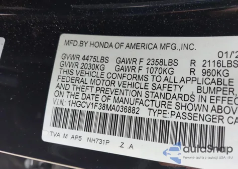 2021 Honda Accord Sport из США, поврежденный, VIN 1HGCV1F38MA036882